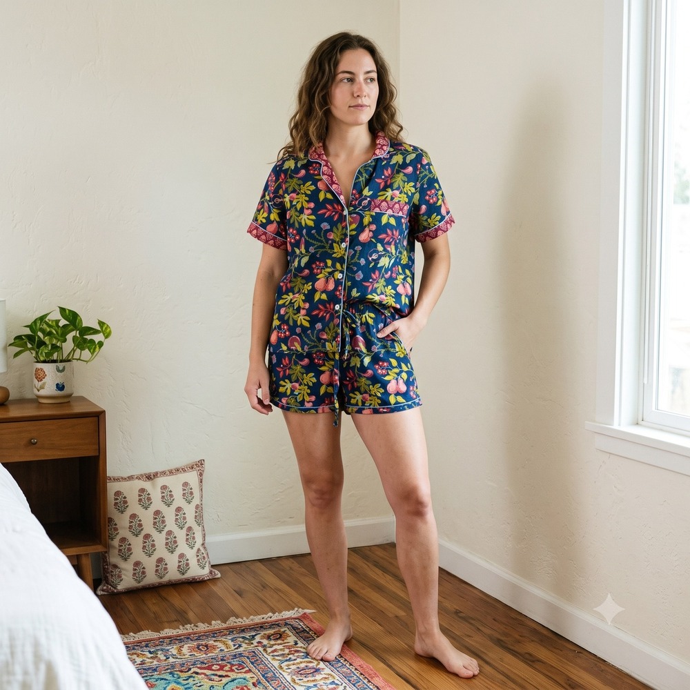 Printfresh Pomme & Poire Womens Pajama Set Small Navy Blue Cotton Loungewear